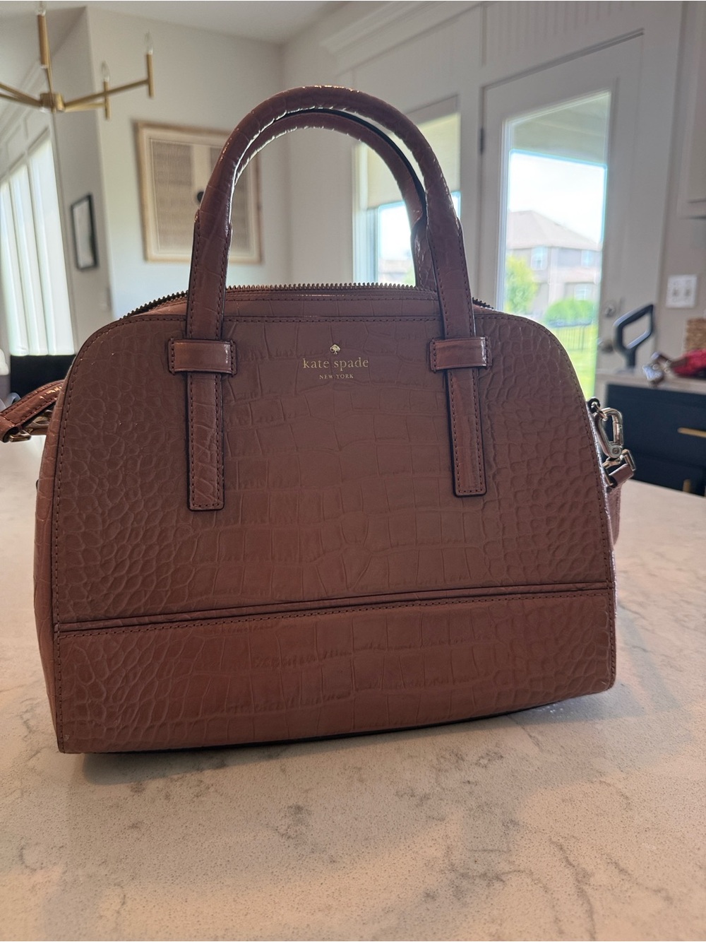 kate spade mauve croc-embossed satchel with gold logo